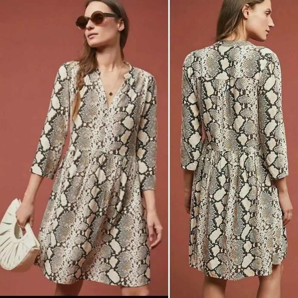 Anthropologie Maeve Juno Printed Dress XS‎ reptile snake neutral beige snakeskin